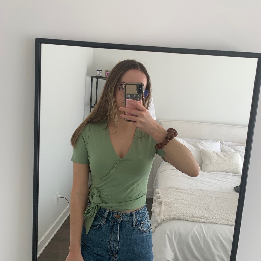 Simons green faux wrap top